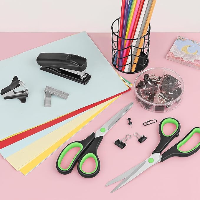 Scissors,Office Supplies Kit, Desk Accessories Set, Products Include Scissors, Stapler, Staples, Staple Remover,Pen Holder, Paper Clips, Push Pins, Binder Clips