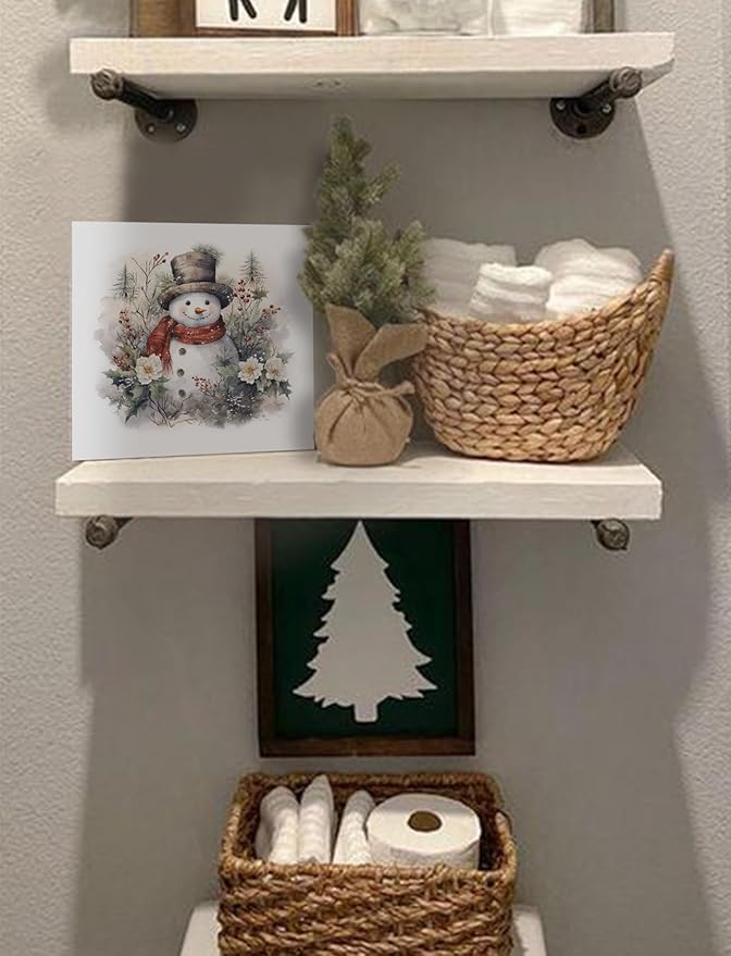 Vintage Christmas Snowman Wooden Box Sign,Farmhouse Winter Christmas Wood Signs for Home Office Desk Shelf Table Decor,Snowman Decorations,Winter Decorative Signage,5x5 Inch