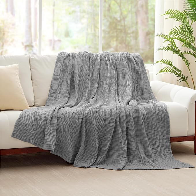 100% Cotton Muslin Blanket Twin XL 66" x 90", Breathable and Cooling Bed Blankets, Soft Boho Coverlet Bedspread, Gauze Bedding for Adults All Season, Grey