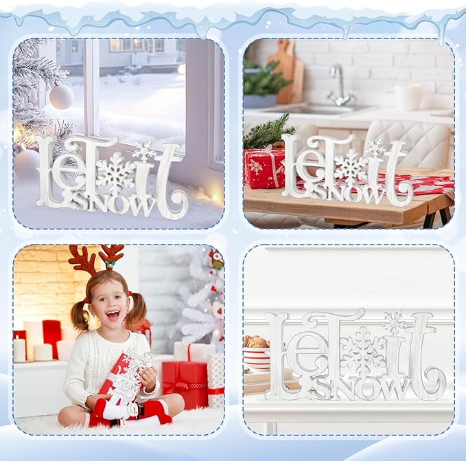 Let It Snow Decorations, Snow Wooden Christmas Table Centerpiece Sign, Tiered Tray Decor for Xmas Winter Holiday Home Decor (Retro)