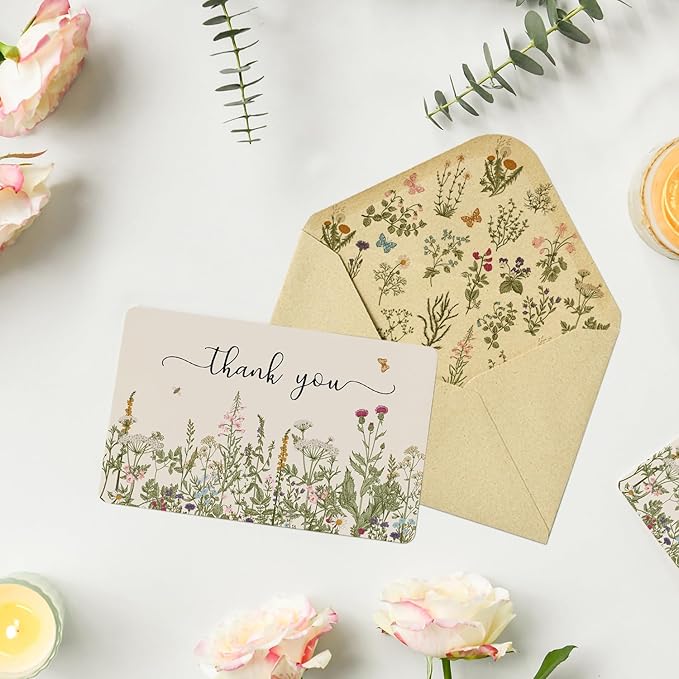 Artoid Mode 12 Pack Fall Wildflower Thank You Cards Floral Leaves Greeting Cards Gift With Envelope Sticker Blank Note Cards for Birthday Wedding Baby Shower Bridal Shower, 4 x 6 Inch