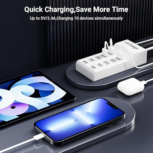 USB Charging Station 50w10A 10-Port Charger, Multiport Charger Hub, Compatible with iPhone, Galaxy, iPad Tablet, and Other Devices(White)