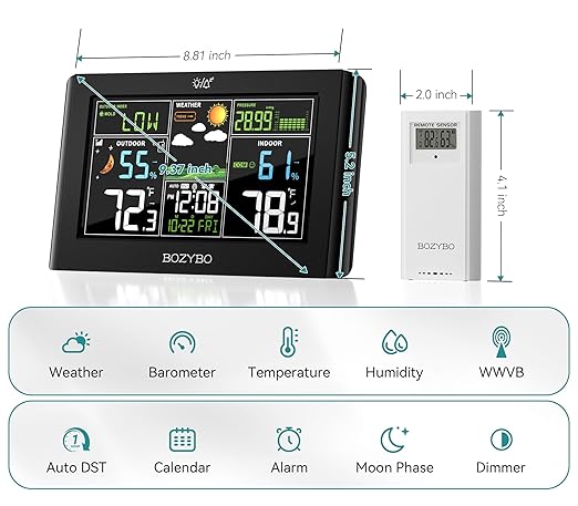 Weather Station Wireless Indoor Outdoor Thermometer: BOZYBO Digital Atomic Clock with Indoor/Outdoor Temp, Temperature Gauge Weather Clock with Calendar and Adjustable Backlight