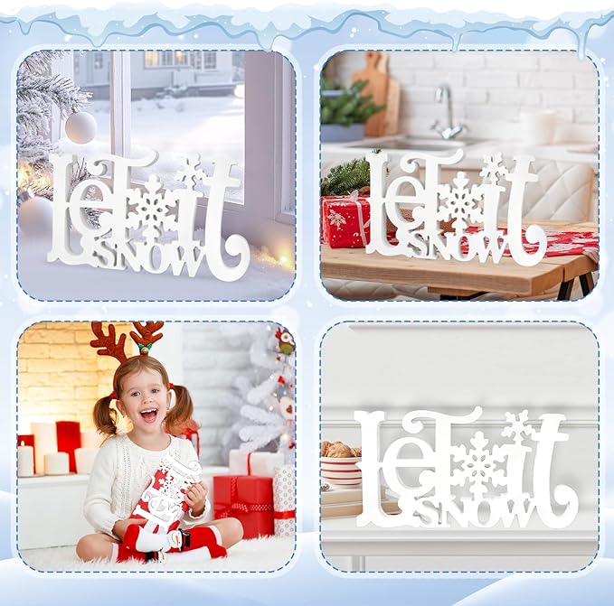Let It Snow Decorations, Snow Wooden Christmas Table Centerpiece Sign, Tiered Tray Decor for Xmas Winter Holiday Home Decor (White)