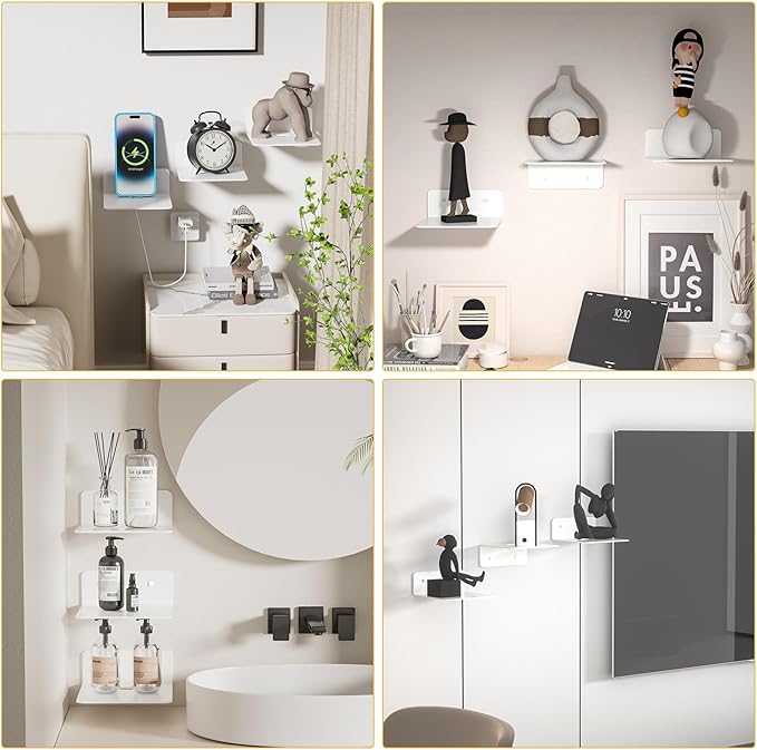 Small White Floating Shelves Set of 3, Metal Hanging Shelves for Bathroom, Living Room, Bedroom, 5 Inch Wall Display Shelves for Knickknacks, Display Ledges - Adhesive Installation