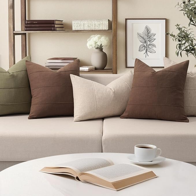 ZWJD Decorative Linen Throw Pillow Covers 16x16 Set of 2 Solid Handcrafted Striped Cushion Covers for Bed Soft Modern Farmhouse Neutral Pillowcase for Couch Bedroom Living Room Home Decor(Brown)