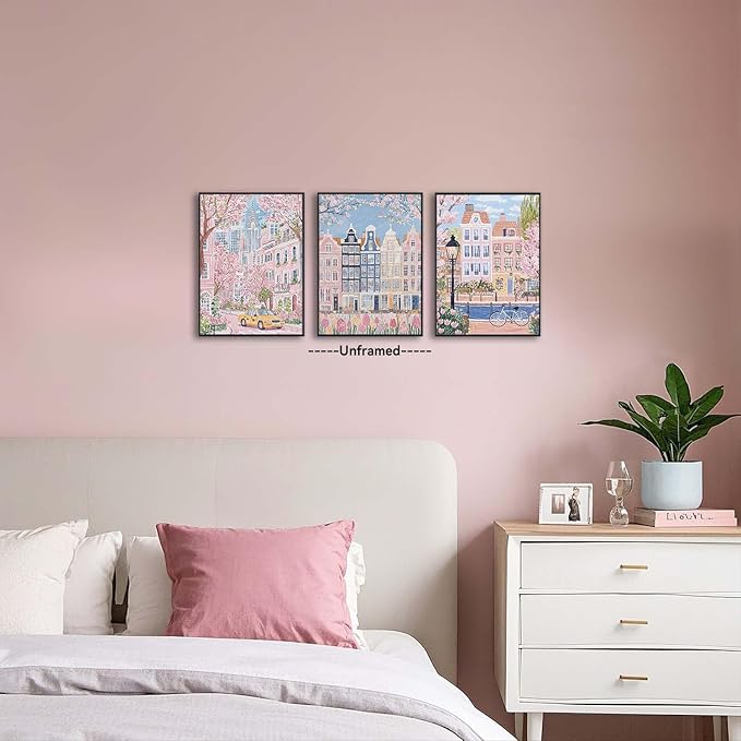 XLARTMY Watercolor City Landscape Travel Wall Art Canvas Framed Pink Cherry Flower Poster Girly Prints Painting Pictures Set of 3 for Bedroom Living Room Office 16x12in Unframed