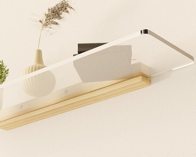 Acrylic Floating Shelves with Solid Wood Base, Wall Mounted Shelf for Plants, Perfume, Nail Polish, Bathroom, Bedroom & Living Room Décor