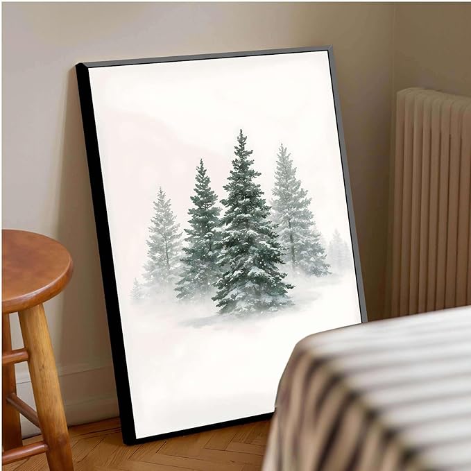 Framed Canvas Wall Art Snowy Evergreen Trees Print Winter Forest Wall Art Christmas Watercolour Painting Winter landscape Snowy Pine tree poster 16x24in Metal blackFramed