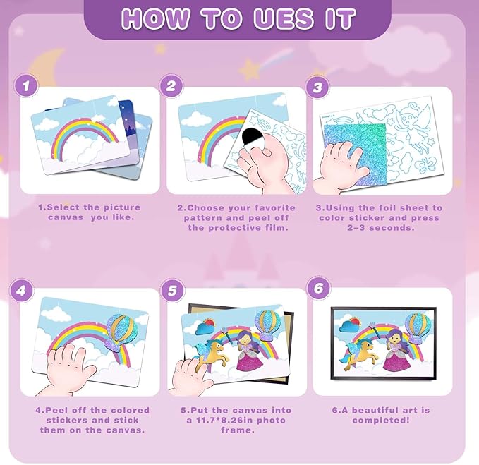 SOOVSY 200 Sheets Princesses & Unicorns Foil Art Fun Kit for Kids, Foil Art Craft DIY Creative Activity Gift Travel Toys for 4 5 6 7 8 9 Years Old Kids Girls Boys(Unicorns & Princesses)