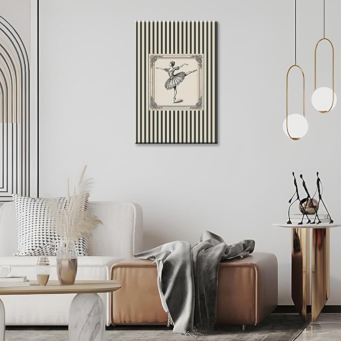 Canvas Wall Art Vintage Ballerina Art – Elegant Ballet Striped Posters for Sports Lovers Aesthetic Room Decor Family Wall Decor Prints 8X12 in Wrapped Framed