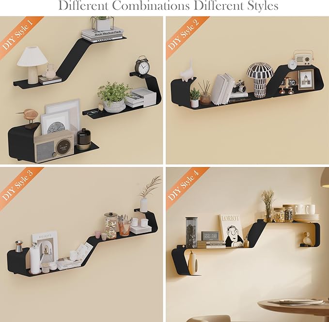 Floating Shelves, Set of 3 Wall Mounted Metal Shelves with Unique Design for Wall Storage, Book Shelf, Display Shelves for Bathroom Bedroom Kitchen Living Room, Black