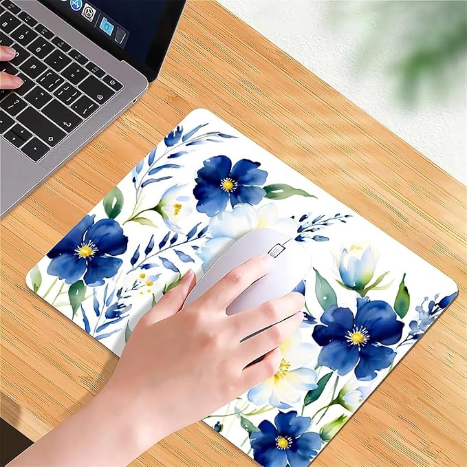 Square Mouse Pad White Blue Flowers 1, Personalized Premium-Textured Custom Mouse Mat Design, Washable Mousepad Cloth, Non-Slip Rubber Base Computer Mouse Pads for Wireless Mouse