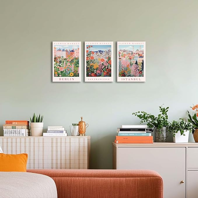 XLARTMY Flower Market Wall Art Prints Canvas Orange and Pink Floral Paintings Colorful Botanical Travel Flower Posters for Home Decor Pictures Set of 3 for Living Room Bedroom 12x16in