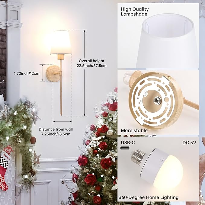 Battery Operated Wall Sconces Set of 2, Beech Color Wall Lamp 5000 mAh Rechargeable Bulb with 12 RGB Colors Dimmable Wall Sconce for Living Room Bedroom