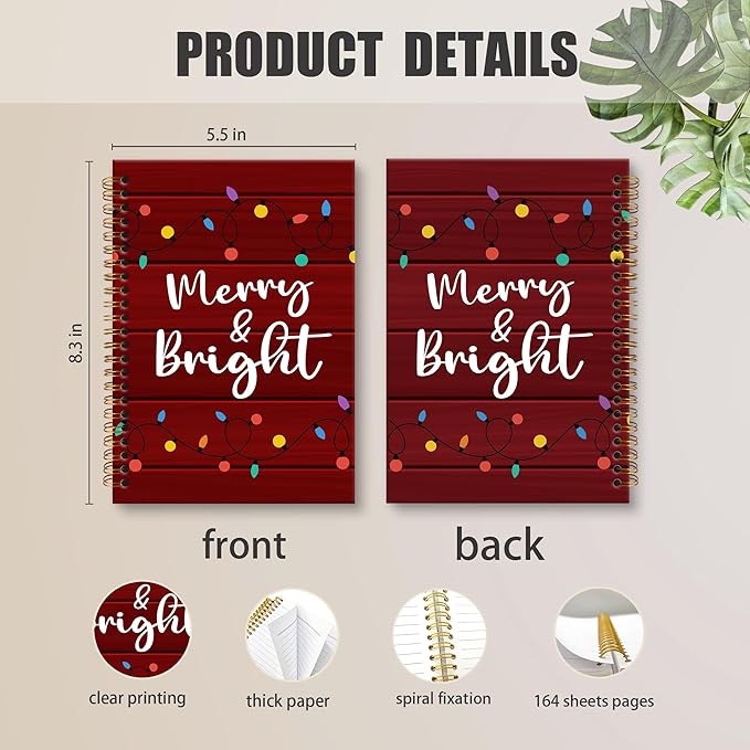 XNXLDYLH Christmas Xmas Notebook Journal for Kids, Rustic Farmhouse Aesthetic Spiral Notebook, Merry and Bright Journals Notebooks, Christmas Office School Supplies Gifts for Women Kids,5.5x8.3Inch