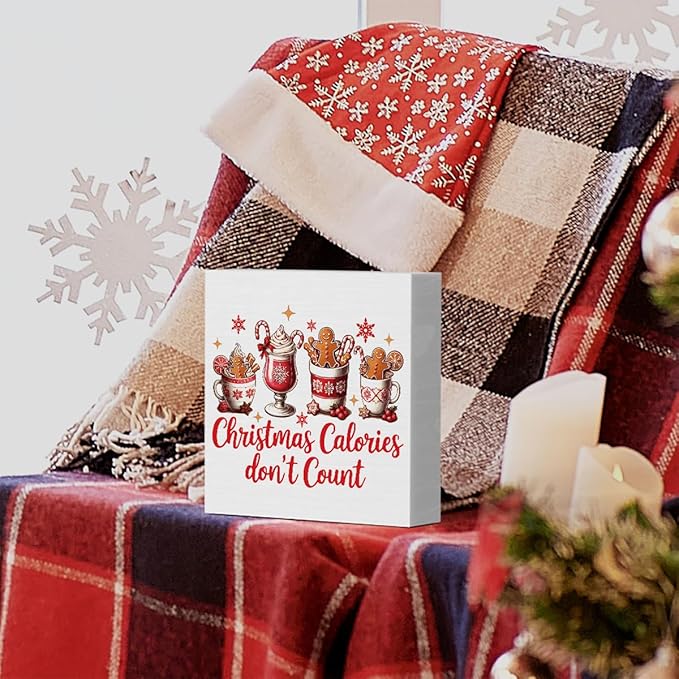 Christmas Kitchen Decorations, Hot Cocoa Sign Gingerbread Home Decor for Table Shelf, Christmas Calories Don't Count Sign 5 x 5 inch