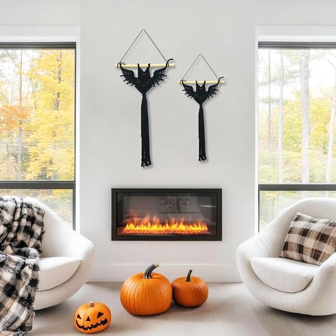 LB 2 Pcs Halloween Black Macrame Wall Hanging, Spooky Macrame Wall Art Black Bats Home Decor Gothic Horror Bat Design Woven Tapestry for Living Room Halloween Party Supplies Holiday Decor