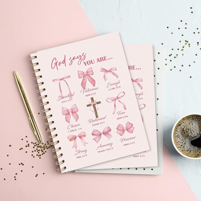 VONTP Coquette Pink Bow Christian Spiral Notebook, God Says You Are Bible Verse Inspirational Journal for Women, Preppy Pink Religious Scripture College Ruled Notebook Journal for Writing, 5.5x8.3