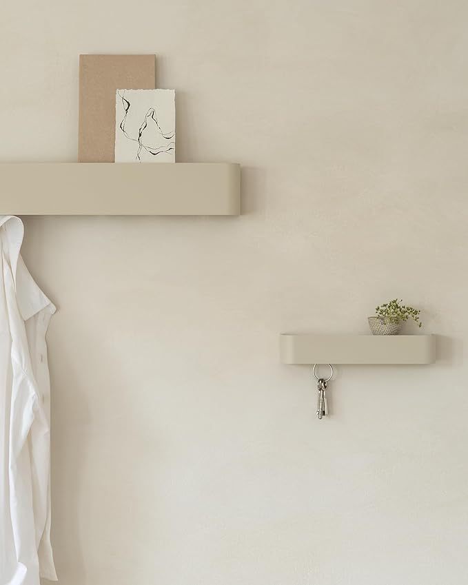 Kazai.ยฎ๏ธ Coat Rack Wall Mount with Shelf 'Tone' | Modern Design Coat Hanger with Hidden Hooks and Storage | Hat Rack with Shelf in Metal | Wall-Mounted Purse Organizer | Taupe
