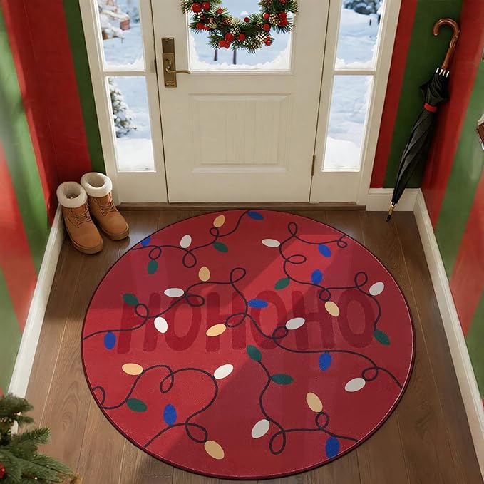 jinchan Jingle Lights Round Christmas Rug for Living Room 5ft Red Circle Holiday Rug for Bedroom 5' Colored String Lights Printed Xmas Decor Washable Indoor Carpet for Dining Room Foyer Non-Slip