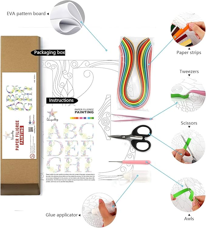 Uniquilling Quilling Paper Quilling Kit for Adults Beginner, 8 * 10-inch Letters, Exquisite DIY Paper Filigree Painting Kits Quilling Tools, Home Room Wall Art Decor Best Gifts(Basic)