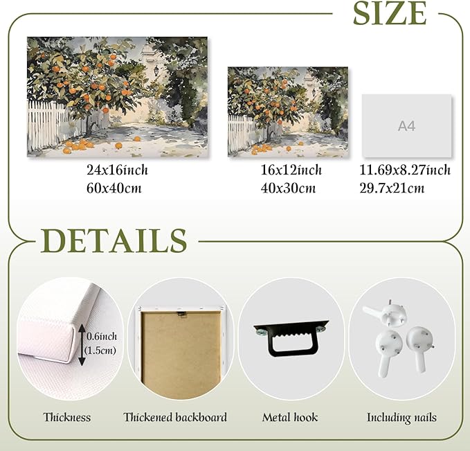 LLEEMPI Framed Orange Tree Wall Art, Country Botanical Wall Decor, Vintage Fruit Canvas Painting, Rustic Farmhouse Poster Print for Kitchen Bathroom Bedroom Living Room Office 12x16 Inch