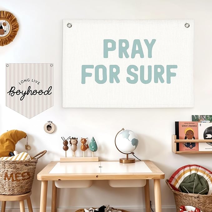 Lacama Surf Decor, Coastal Beach Room Decor Aesthetic, Surf Blue Linen Banner Wall Hanging Canvas Banner Flag Decor for Coastal Surfer Room Bedroom Beach Decorations 30x20 In