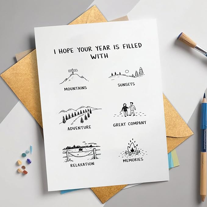 (5.3x8in) Hope Your Year Is Filled With Adventure New Year Card with Envelope, Minimalist Black and White Line Art Greeting, Inspirational Holiday Card for Friends, Family, Coworkers (Xmas 39)
