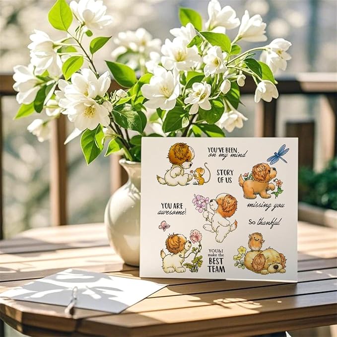 Playing Dog Flowers Stamps and Cutting Dies for Card Making DIY Transparent Silicone Clear Stamp and Metal Die Cuts Sets for Scrapbooking Paper Greeting Cards Decor Seals Craft Supplies