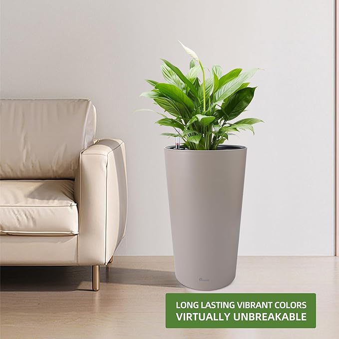 Dexceder 22x13 Tall Self Watering Planter High Cylinder Indoor Outdoor, Thickened Large Floor Standing Flower Plant Pot with Water Level Indicator (Taupe Matte)