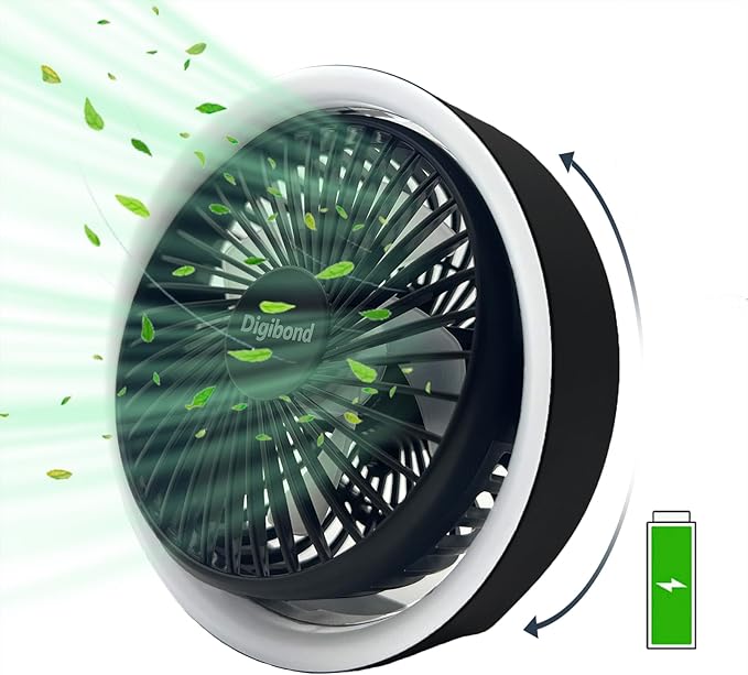 Small Fan, High Power Silent Desk Fan Portable USB Fan 3000mAh Rechargeable Battery Powered, 3 Speed 5.3in with Night Light/Hook,180°Rotated Easy Clean (Black)