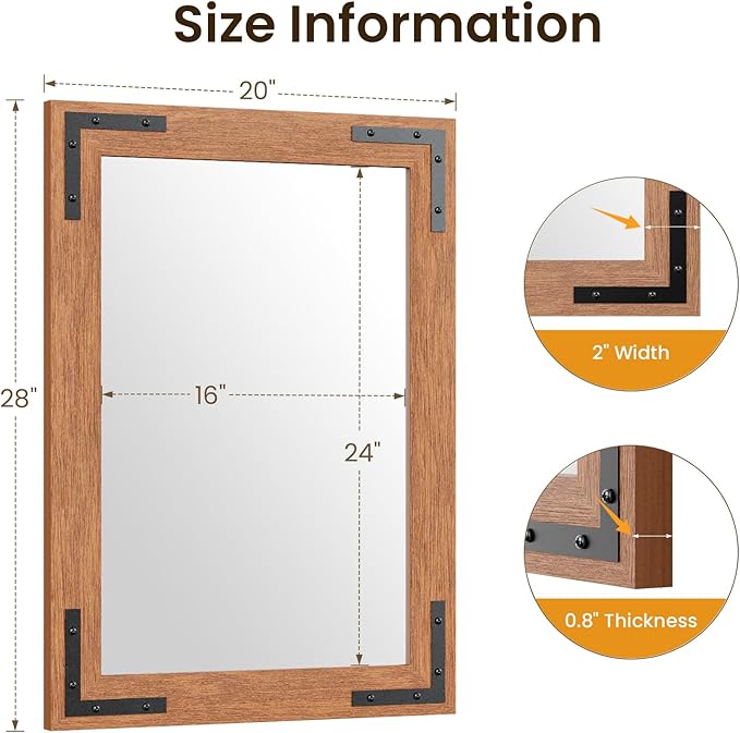 Farmhouse Bathroom Mirror,20"x28" Brown Wood Frame Rectangle Wall Mirror for Living Room Bedroom Entryway, Waterproof, Easy to Install