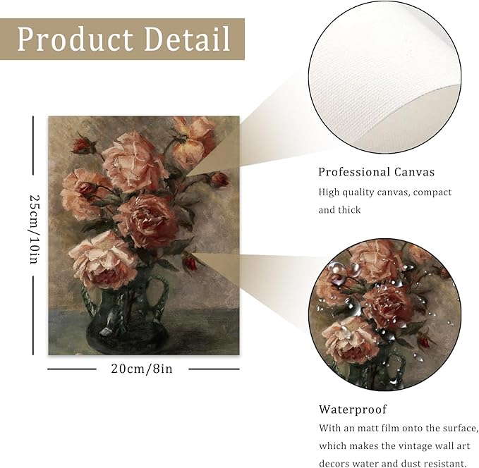 uniro Vintage Floral Wall Art, Retro Flower Botanical Painting, Farmhouse Wall Decor Rustic Still Life Roses Canvas Prints, Vintage Art for Bedroom Bathroom Decor (8" x 10" - UNFRAMED)