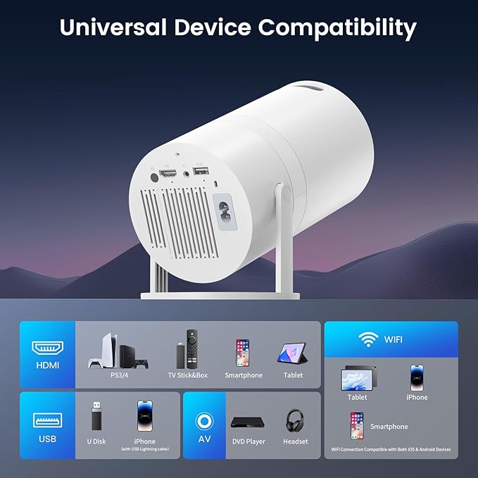 Mini Portable Projector with WiFi and Bluetooth,Support Movie Projector 1080P HD,Auto Keystone Correction,180° Rotatable,Compatible with TV Stick, HDMI, USB, Smartphone, Laptop (White 1)