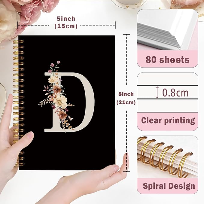 Lacama Black Initial Letter D School Notebook Journal, Aesthetic Wildflower Personalized Spiral Notebook, School Supplies, Customized Monogrammed Gifts, Birthday Gifts for Women, Office Supplies