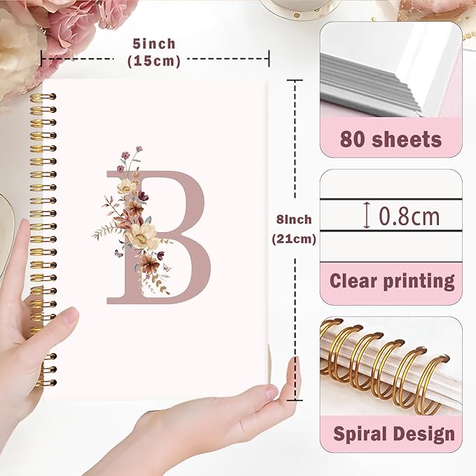 Lacama Pink Initial Letter B Notebook, Aesthetic Wildflower Personalized Journal Spiral Notebook, Customized Monogrammed Gifts, Birthday Gifts for Women, School Supplies, Office Supplies 5.5x8.3