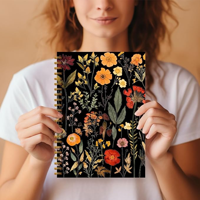 Vintage Boho Floral Botanical Notebook Journal, Watercolor Wildflower Dark Floral Notebooks for Women, Plant Journal, Aesthetic Notebooks, Spiral Notebook Journal 5.5x8.3 Inch