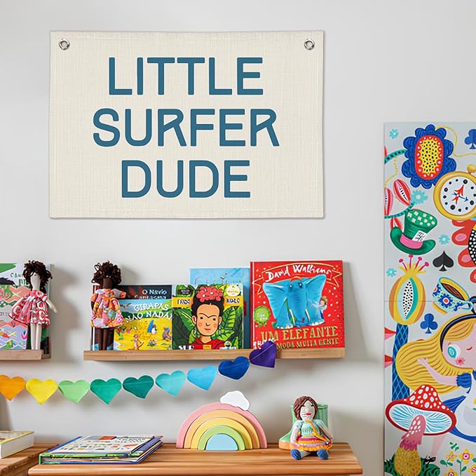 Coastal Summer Beach Surf Decor, Boys Beach Room Decor Aesthetic, Little Surfer Dude Linen Banner Wall Hanging Banner Flag 20x30 Inch
