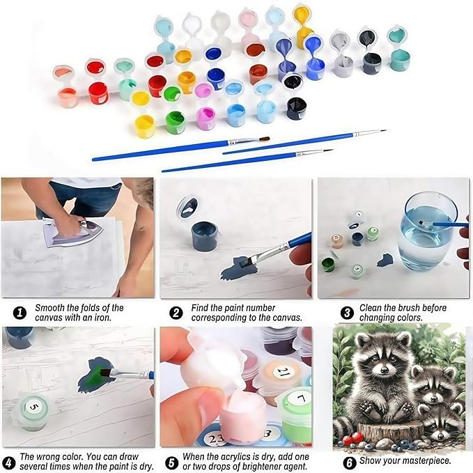 BYGFHLYW Animals Paint by Numbers Kit for Adults Beginners, Raccoon Family Easy Adult Paint by Number Kits On Canvas, DIY Acrylic Oil Painting Kits for Home Wall Decor 16x16Inch