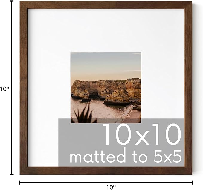 HAUS AND HUES Walnut Oak Wood 10x10 Picture Frame Matted to 5x5 - Square Frame with Plexiglass, Modern Wall Display (10x10 in, Walnut, Set of 1)