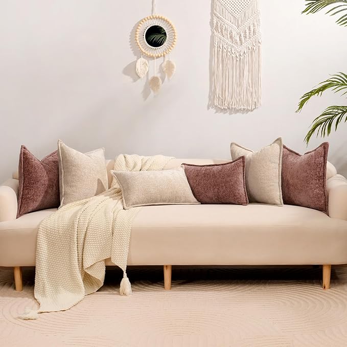 Pack of 2 Beige Decorative Throw Pillow Covers 12x20 Cozy Soft Chenille Boho Accent Vintage Farmhouse Rectangular Lumbar Couch Pillow Covers for Home Decor Bed Sofa Living Room