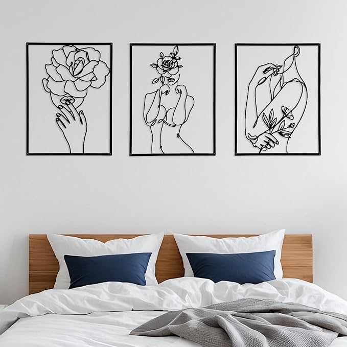 GOKURVG Abstract Metal Wall Art, 3D Hollow-out Wall Décor, 16.5x12.5in Set of 3 Wall Art for Bedroom Living Room Office Unique Minimalist Hanging Sculpture Black