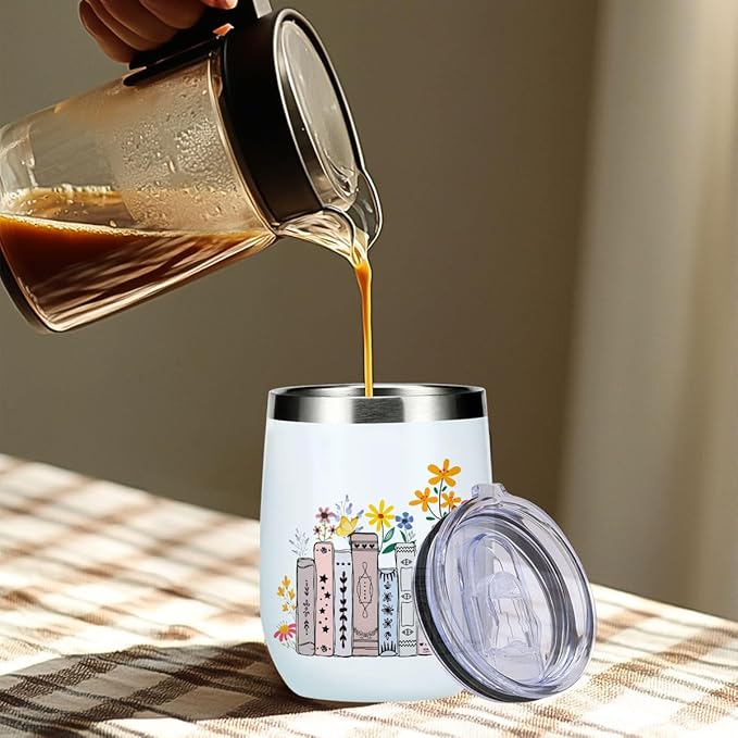 Wine Tumbler, 12 oz Coffee Mug Travel Insulated Cup Vacuum Wine Glass with Lid, Book Lovers Gifts Birthday Christmas Farewell Reading Book Accessories Bookish Librarian Gifts for Women Coworker