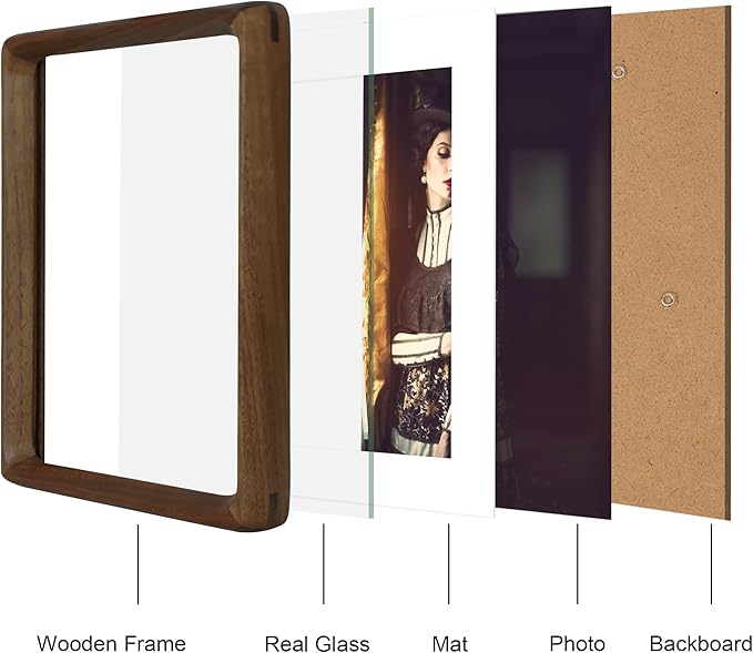 5x7 Picture Frame Natural Walnut Wood with Mat for 4x6, Original Natural Solid Wood 5 by 7 Photo Frames with Tempered Glass Cover for Wall and Tabletop Display