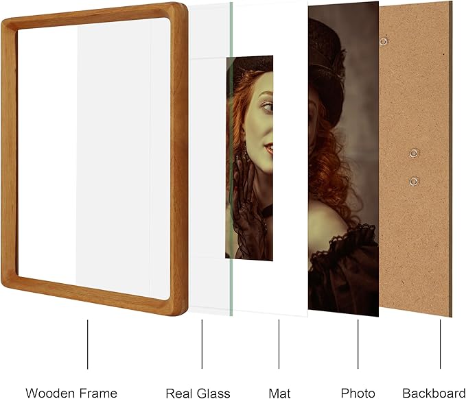 8x10 Picture Frame Natural Teak Wood with Mat for 5x7, Original Natural Solid Wood 8 by 10 Photo Frames with Tempered Glass Cover for Wall and Tabletop Display
