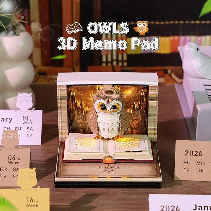 3D Calendar 2026, Owls Piece Calendar 2026 with LED Light, Daily Tear-Off Memo Pad, Owls Paper Carving Desktop Decoration, Unique Holiday & New Year Craft Gift