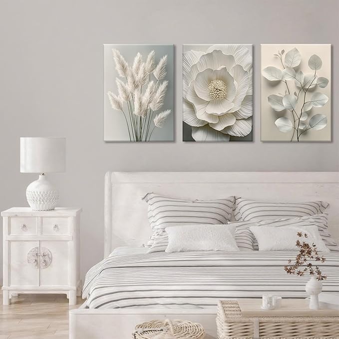TUEASKY 3 Piece Canvas Wall Art Beige Wall Decor Flower Pictures Floral Art Prints Neutral Botanical Paintings Minimalist Artwork For Bedroom Living Room Office