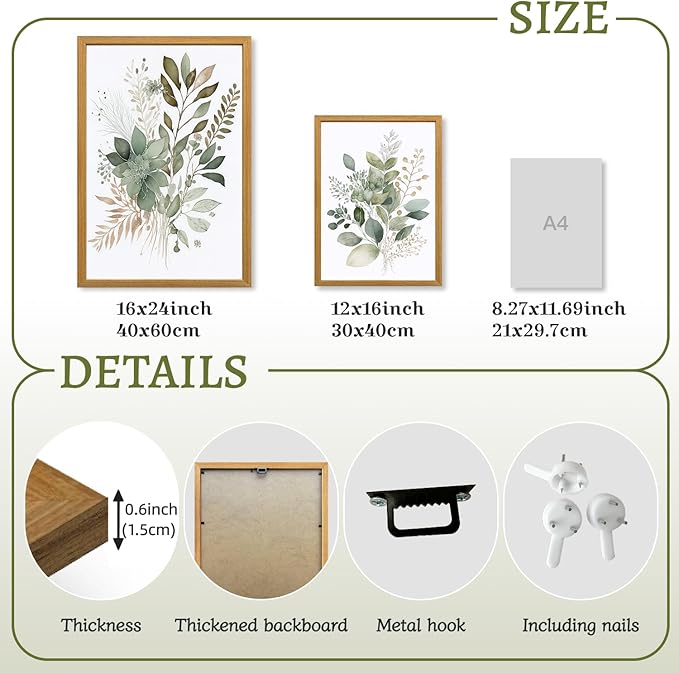 LLEEMPI Sage Green Wall Art Set of 3, Modern Watercolor Botanical Wall Decor, Eucalyptus Leaf Canvas Painting, Classic Minimalist Florals Poster Print for Bedroom Bathroom Office Wood Framed 12x16 Inch
