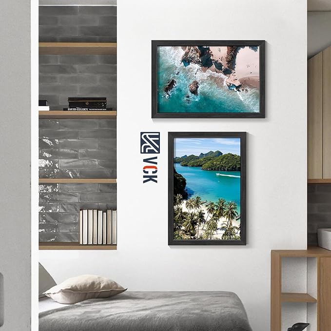 VCK 12x18 Picture Frames Black Set of 5, Wide Border Wood, Tempered Glass, Display 11x17 Photo with Mat or 12 x 18 without, for Home, Office, Gallery, Woodgrain Series, Wall Hanging
